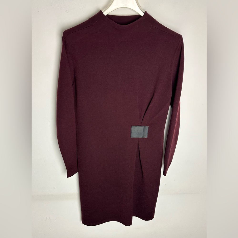 Lafayette 148 Dress Womens M Maroon Wool Mock Neck Sweater Leather Trim Pullover